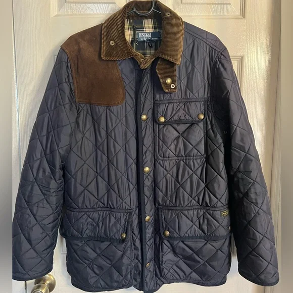 Polo Ralph Lauren Quilted Suede Patch Shooting Hunting Field Barn Jacket Blue- S - Picture 1 of 15